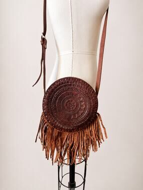 VTG Hand Tooled Leather Canteen Bag Brown Boho Western Fringe Crossbody Purse